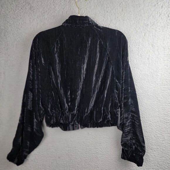 Zara Jacket Womens M Black Crushed Velvet Cropped Silver Zipper Pockets Dolman - Picture 7 of 15